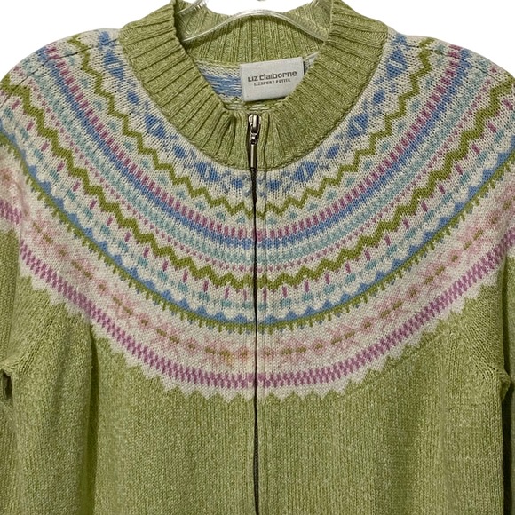 Liz Claiborne Sweaters - Vintage 90s Fair Isle Zip Up Womens Sweater PM Green Spring Easter Egg Petite